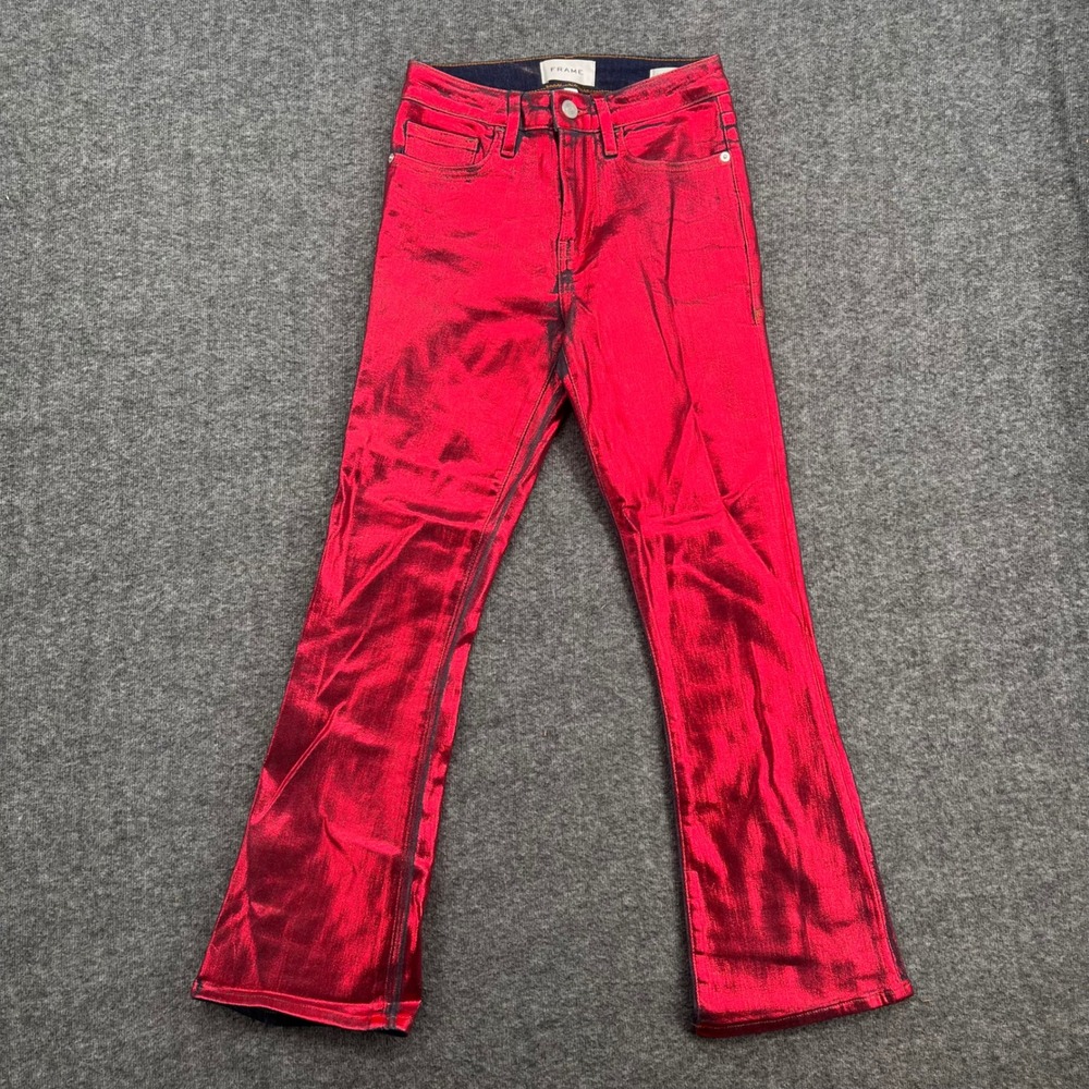 FRAME Le Crop Mini Boot Jeans Red Chrome Metallic Foil Coated Size 25 Bootleg - Picture 2 of 16